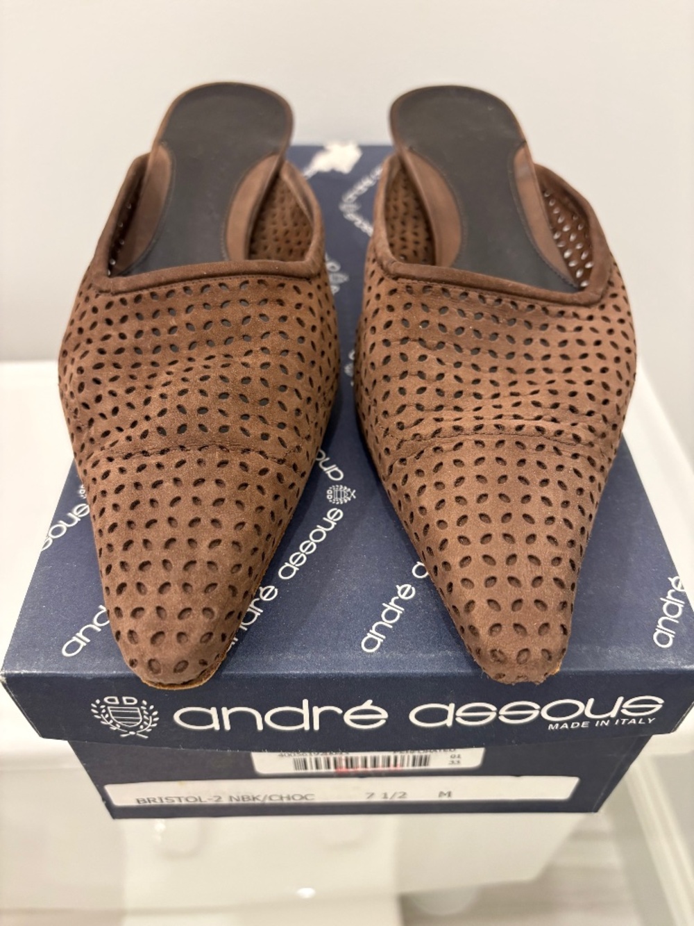 ANDRE ASSOUS "Bristol" Brown Nubuck Perforated Heeled Mules; Size 7-1/2 B